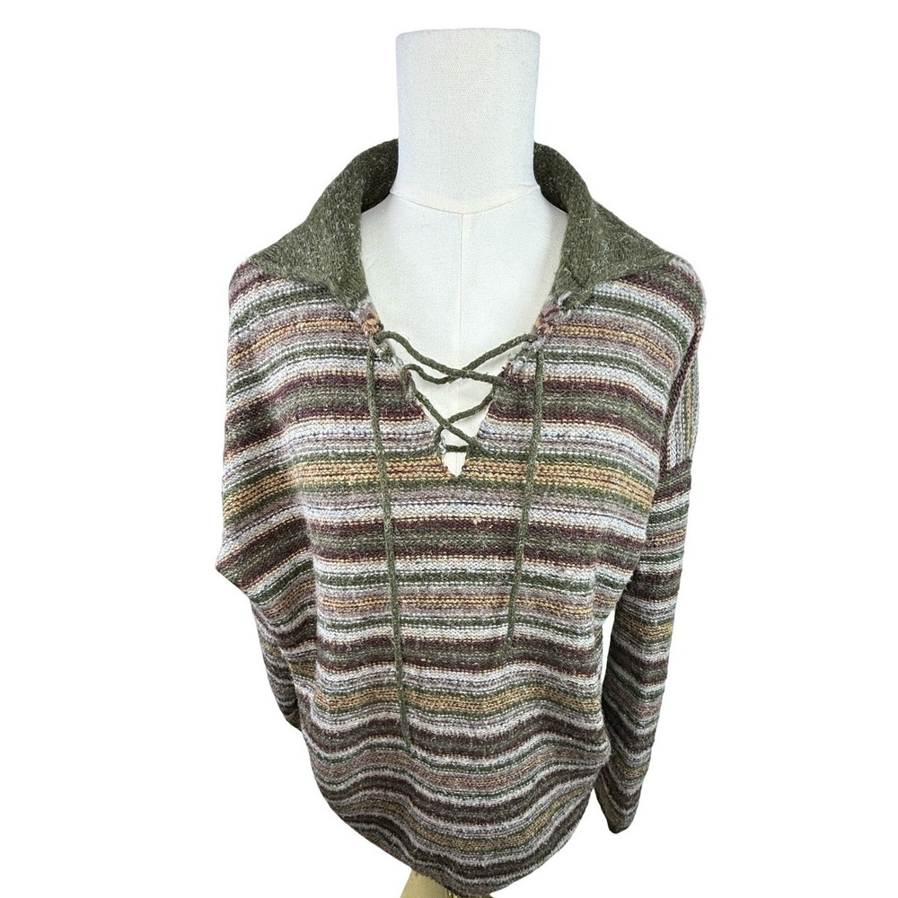 VTG Structure XL Striped Lace Up Sweater Olive Grunge 90s Collared Knit Wool